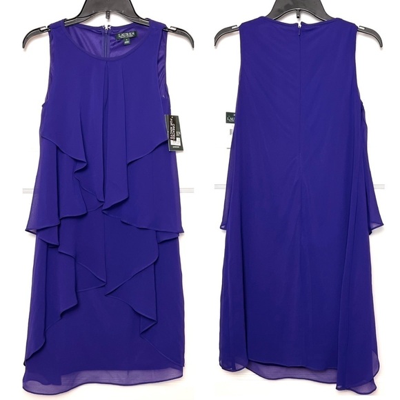 NWT RALPH LAUREN Tiered Draped Chiffon Ruffle Sleeveless Keyhole Front Dress 0 - Picture 3 of 5